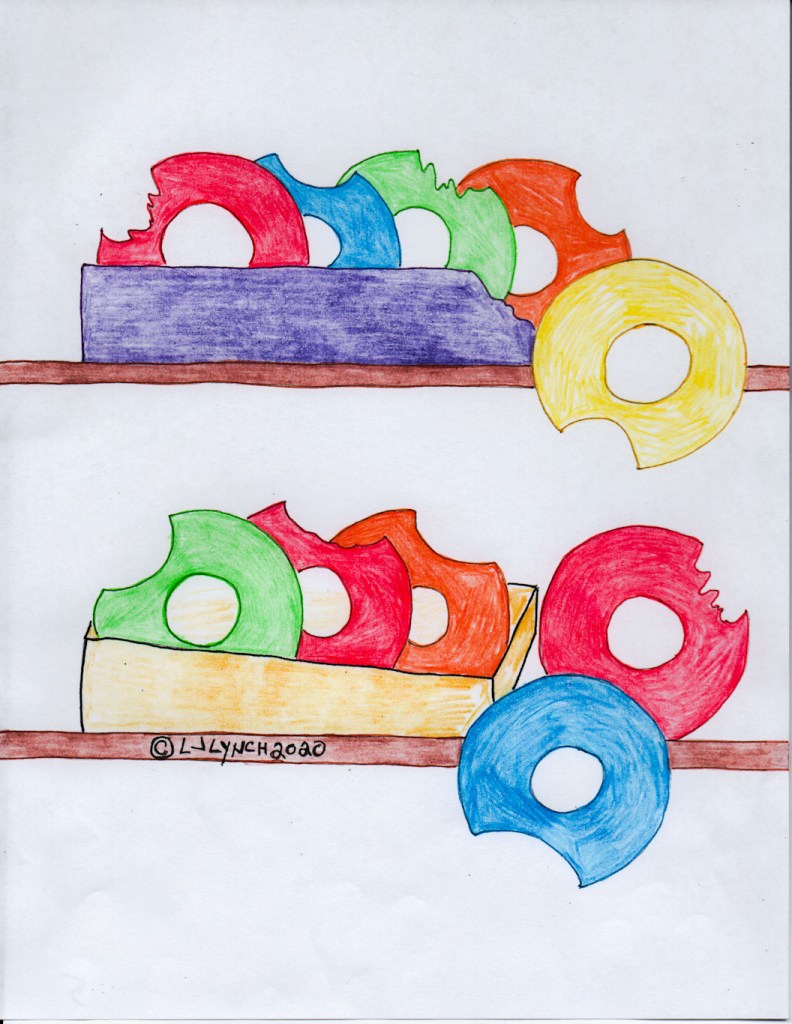 Donuts are strewn about with bites taken out